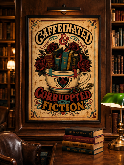 Caffeinated and Corrupted by Fiction Printable Wall Art, Book Lover Digital Download, Romance Reader Decor, Bookish Poster, Phone Wallpaper