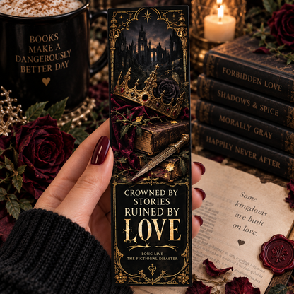 A hand with dark red manicured nails holds a long, narrow book bookmark or card featuring a gothic illustration of a castle, crown, roses, and dagger, with the text 'CROWNED BY STORIES RUINED BY LOVE' and 'THE FICTIONAL DESERTER.' The scene is styled with books, roses, candles, and a black mug reading 'BOOKS MAKE A DANGEROUSLY BETTER DAY.