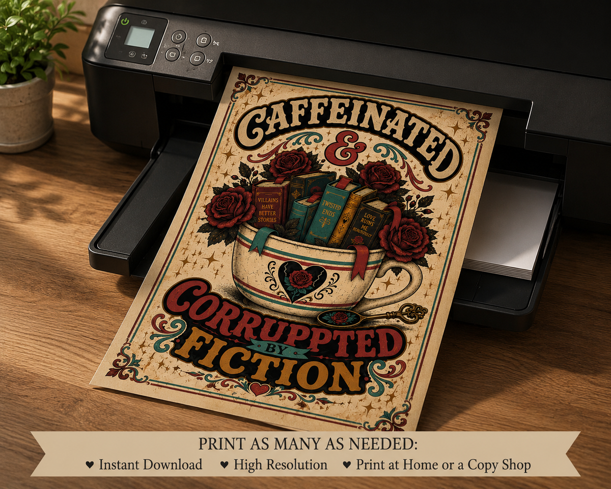 Caffeinated and Corrupted by Fiction Printable Wall Art, Book Lover Digital Download, Romance Reader Decor, Bookish Poster, Phone Wallpaper
