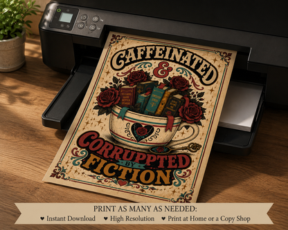 Caffeinated and Corrupted by Fiction Printable Wall Art, Book Lover Digital Download, Romance Reader Decor, Bookish Poster, Phone Wallpaper