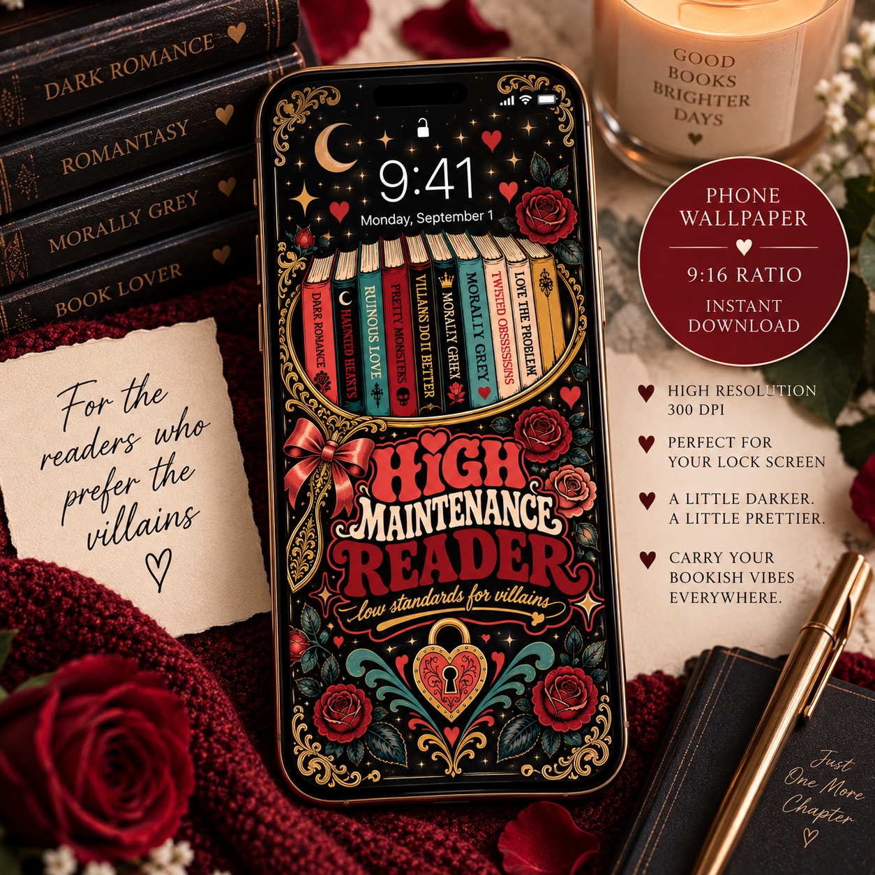 High Maintenance Reader Printable Wall Art, Dark Romance Book Lover Decor, Villain Reader Gift, Bookish Digital Download, Phone Wallpaper