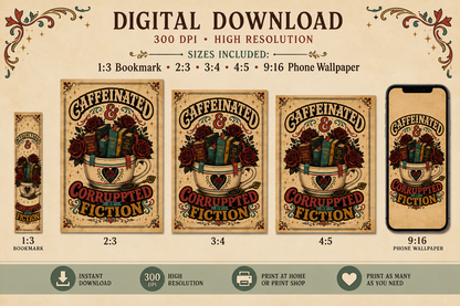 Caffeinated and Corrupted by Fiction Printable Wall Art, Book Lover Digital Download, Romance Reader Decor, Bookish Poster, Phone Wallpaper