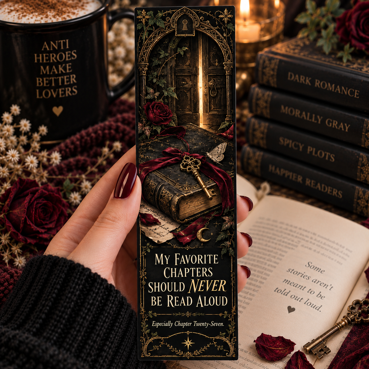 A hand with dark red manicured nails holds a long, narrow book bookmark or card featuring gothic fantasy artwork: an open book with a golden key, red roses, and a glowing doorway. The text reads, "My Favorite Chapters Should Never Be Read Aloud" with smaller text below.