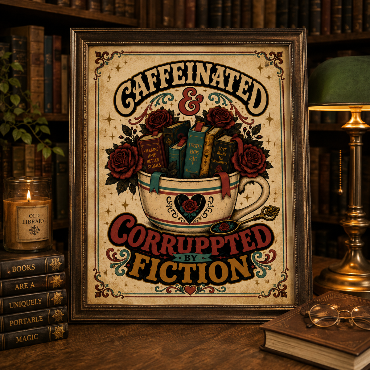 Caffeinated and Corrupted by Fiction Printable Wall Art, Book Lover Digital Download, Romance Reader Decor, Bookish Poster, Phone Wallpaper