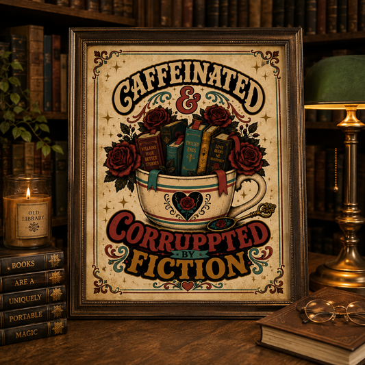 Caffeinated and Corrupted by Fiction Printable Wall Art, Book Lover Digital Download, Romance Reader Decor, Bookish Poster, Phone Wallpaper