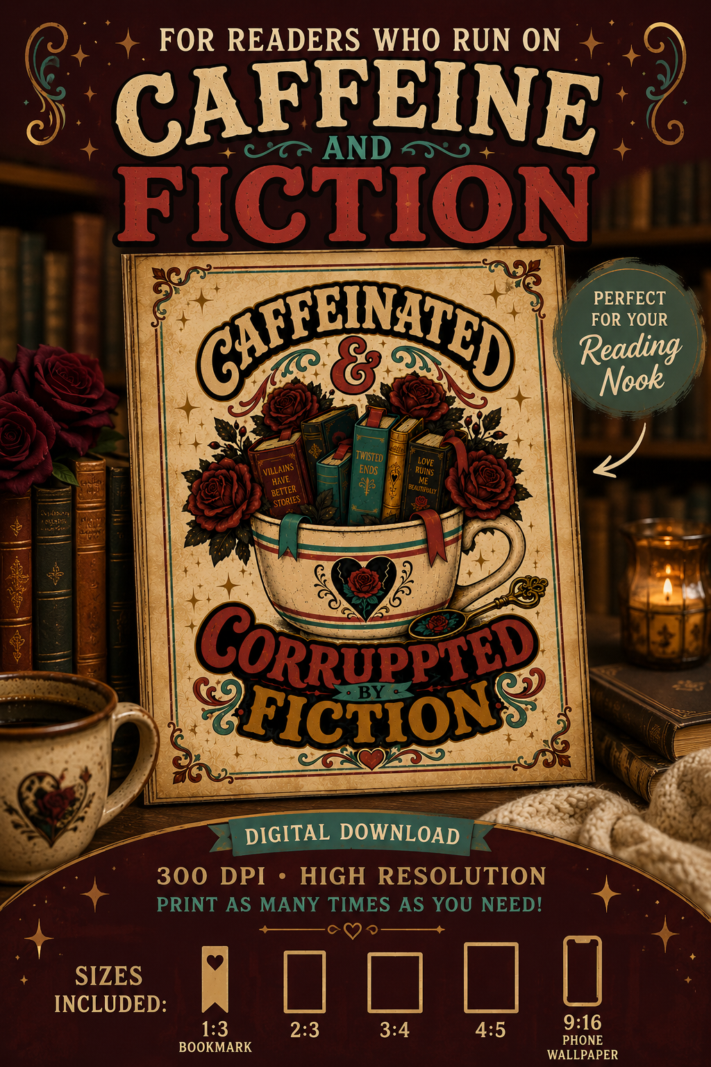 For readers who run on caffeine, romance books, and fictional chaos. ☕📚 This Caffeinated & Corrupted by Fiction digital download is perfect for a cozy reading nook, home library, bookish office, or romance reader gift. Includes high-resolution 300 DPI files in 1:3 bookmark, 2:3, 3:4, 4:5, and 9:16 phone wallpaper sizes, so you can print your favorite version or use it on your phone. Perfect for BookTok readers, romance lovers, dark romance fans, and anyone proudly obsessed with fictional characters.