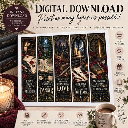 A promotional graphic for a digital download book bookmark set, showing five illustrated bookmark pages with gothic fantasy artwork and titles. The layout includes large text reading 'DIGITAL DOWNLOAD', 'Print as many times as possible!', feature icons, and a styled reading scene with books and a mug.