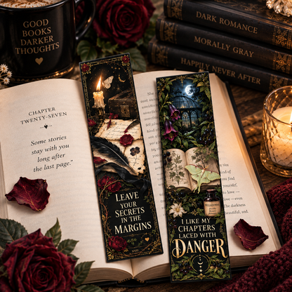 Two decorative book bookmarks styled on an open book, surrounded by roses, candles, and stacked romance novels. The left bookmark is dark brown with a candle, skull, and the phrase 'Leave Your Secrets in the Margins.