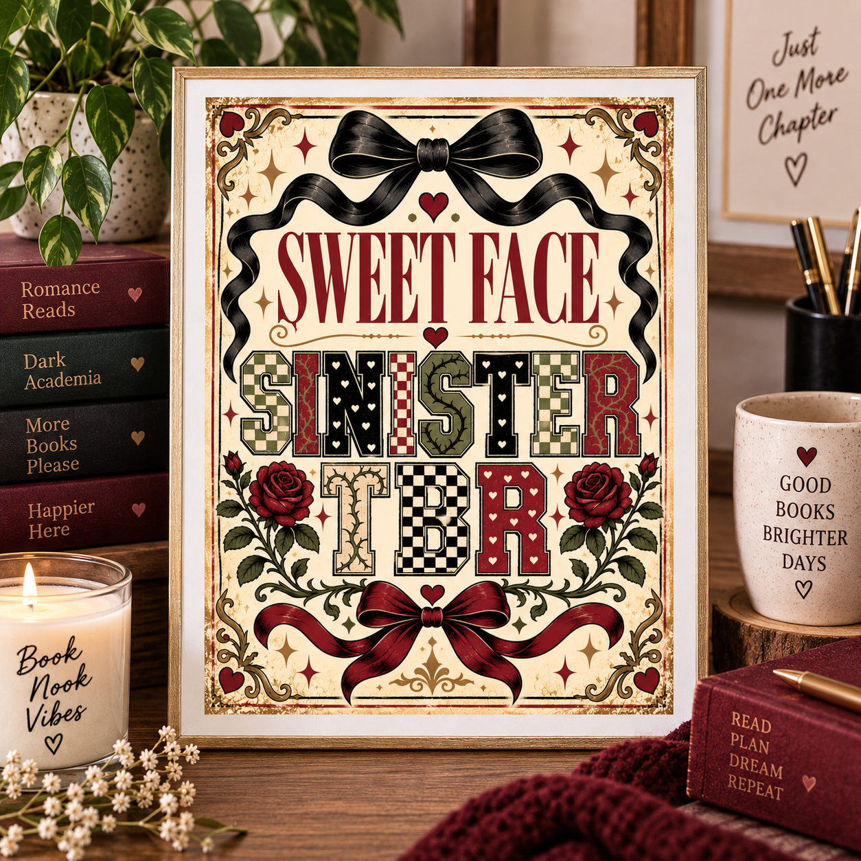 Book Lover Printable Wall Art, Sweet Face Sinister TBR, Romance Reader Decor, Bookish Digital Download, Dark Romance Gift