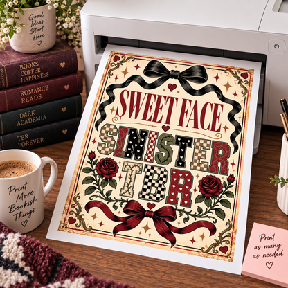 Book Lover Printable Wall Art, Sweet Face Sinister TBR, Romance Reader Decor, Bookish Digital Download, Dark Romance Gift