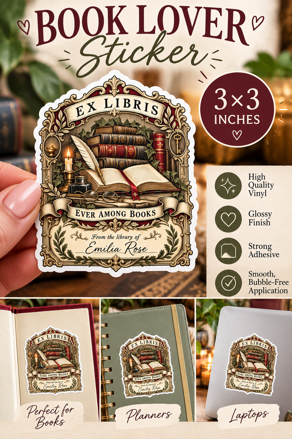 Looking for the perfect little gift for a book lover? 📚 This 3x3 vintage Ex Libris bookplate sticker brings old-library charm to books, reading journals, planners, notebooks, laptops, and more. Featuring an ornate vintage book design and “From the Library Of” detail, it’s a beautiful choice for readers, bookworms, librarians, book club friends, and dark academia lovers. Add it to your bookish accessories or pair it with a favorite novel for an easy reader gift.