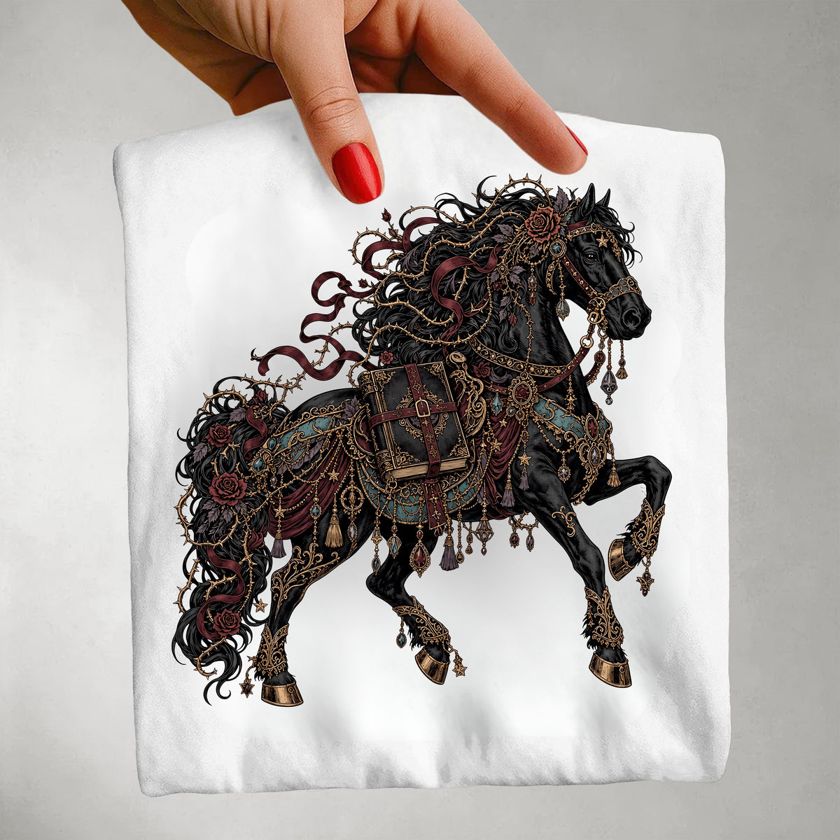 Dark Fantasy Horse Shirt, Book Lover T Shirt, Gothic Romantasy Tee, Ornate Black Horse, Fantasy Reader Gift
