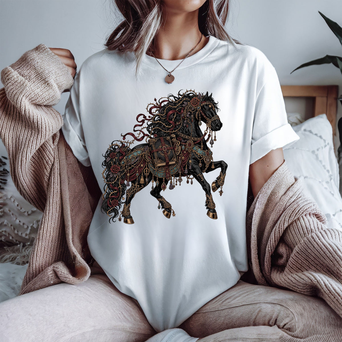 Dark Fantasy Horse Shirt, Book Lover T Shirt, Gothic Romantasy Tee, Ornate Black Horse, Fantasy Reader Gift